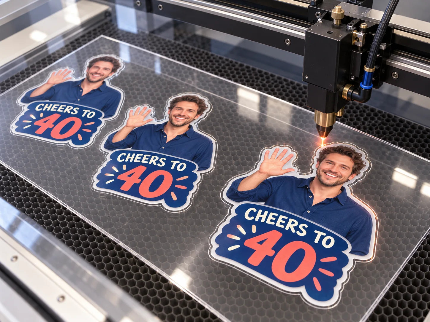 A laser cutting around the outline of personalized acrylic birthday decor