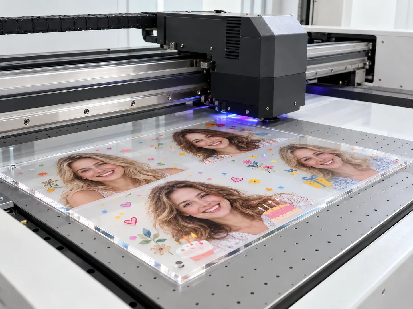 Personalized portraits being printed on acrylic in our factory