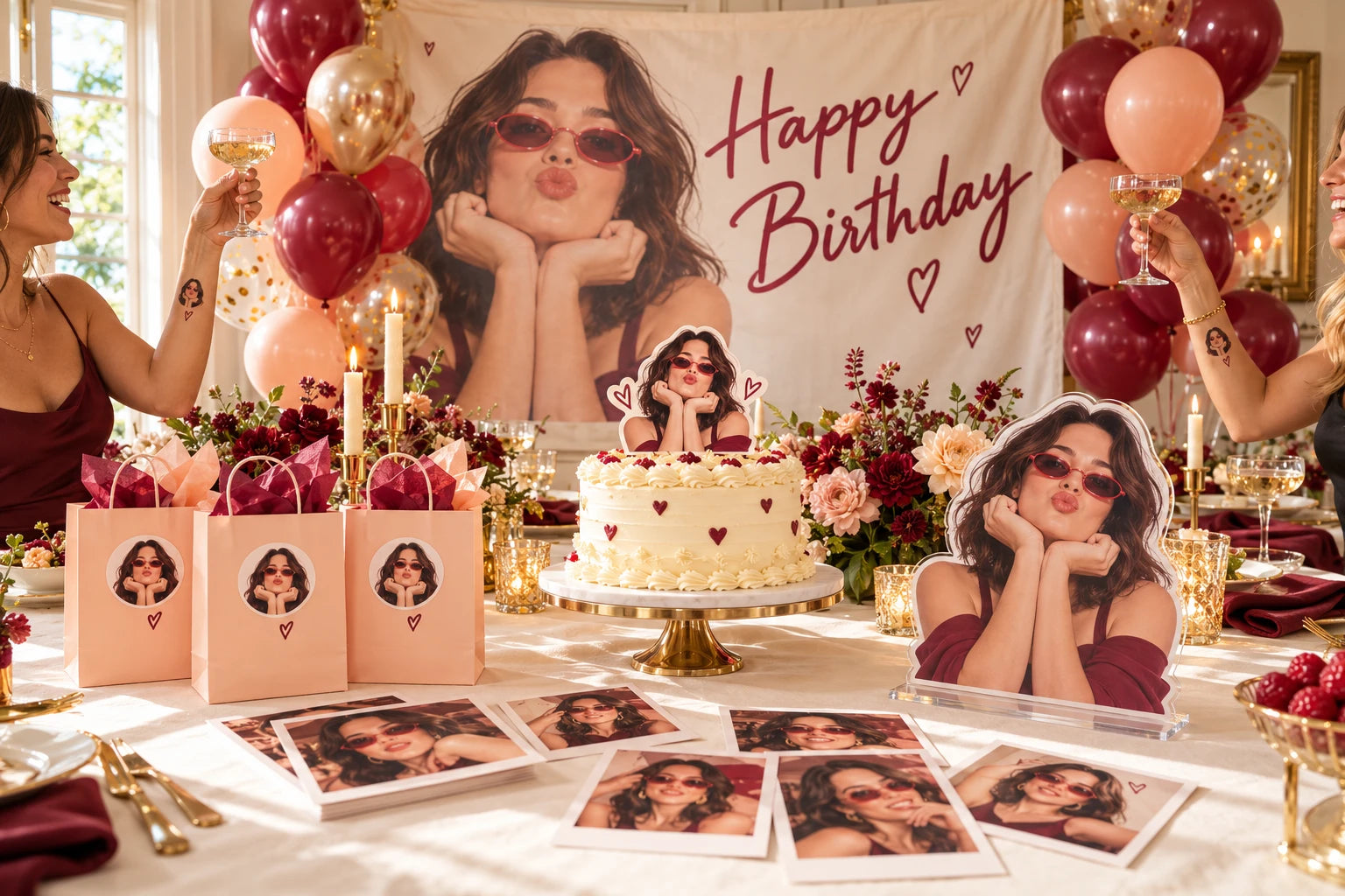 Matching photo backdrop, cake topper, table standee, favor stickers, prints and tattoos at an adult birthday party — AI concept image